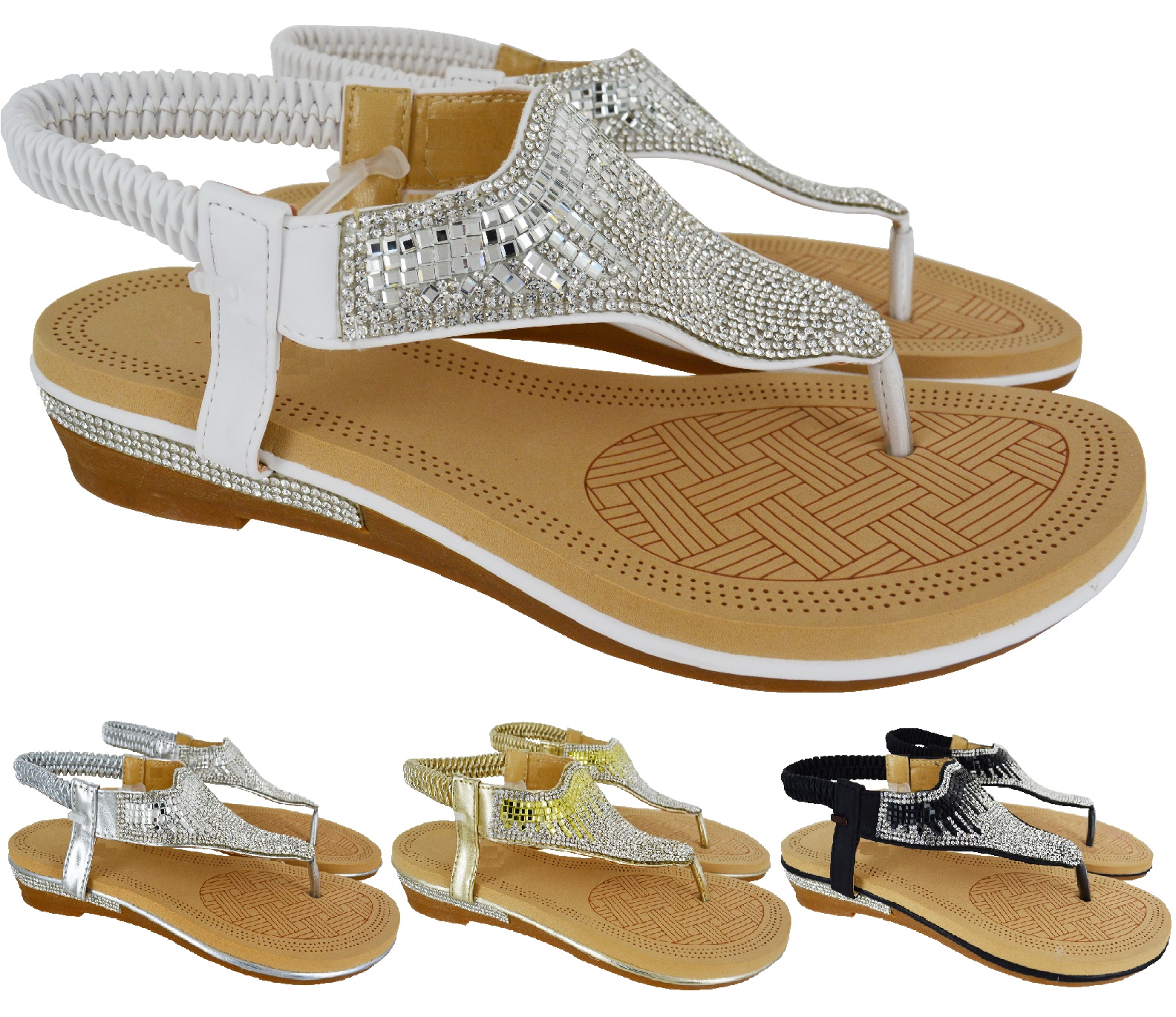 WOMENS LADIES FLAT LOW HEEL DIAMANTE TOE POST DRESSY PARTY SUMMER